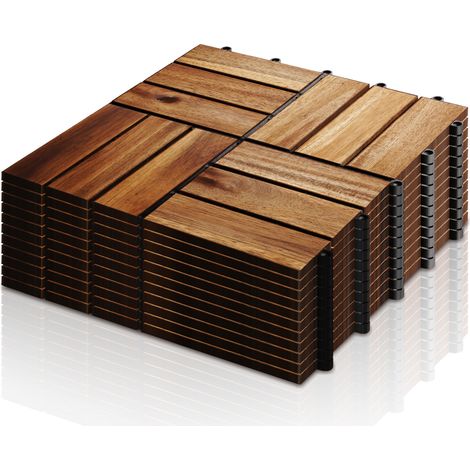 SWANEW 33 Stück Holzfliesen aus Akazienholz Balkonfliesen Terrassenfliesen, Bodenbelag mit Drainage, Fliese Leicht verlegbar(12 Latten 5 m²)