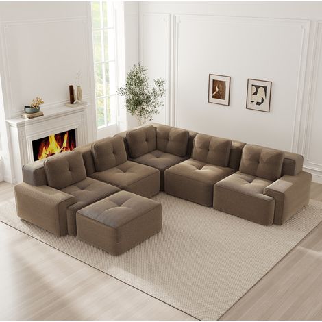 Divano angolare modulare 295x295x69 cm, seduta profonda, senza telaio, tessuto in corduroy, marrone (1/5)