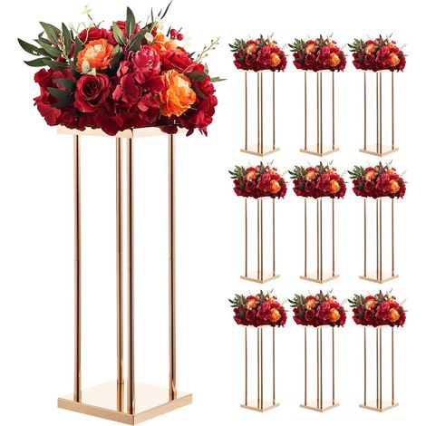 Support Fleur Mariage Colonne Lot de 10 Support Fleur Centre Table Mariage 60 cm Présentoir Floral pour Fêtes, Anniversaires, Décoration Intérieure, avec Pieds Cylindre Panneau Métallique, Doré (1/5)