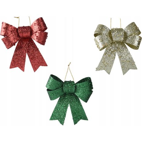 Pendentif sapin de Noël, nœud en plastique, paillettes, 12 cm, assorti, 1 pièce (1/4)