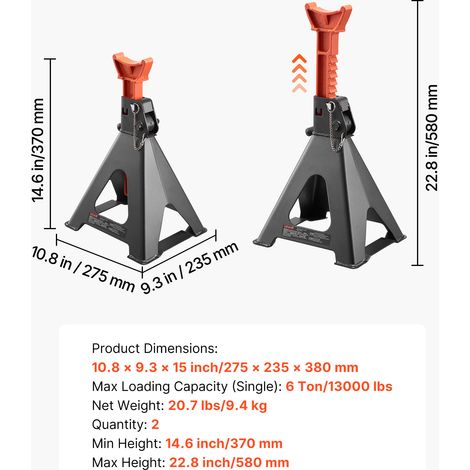 VEVOR Jack Stands, 6 Ton (13,000 lbs) Capacity, 14.6-22.8 in Adjustable Height, Heavy Duty Steel Jack Auto Stands with Double Locking, for Lifting RV, Small Truck, Car, SUV, 1 Pair, Black and Orange (1/4)