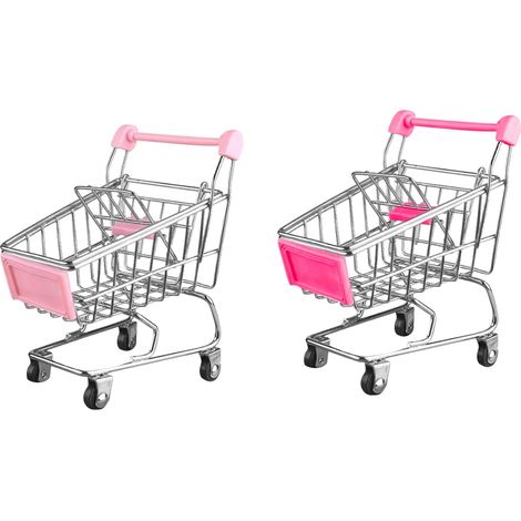 Lot de 2 mini chariots de courses - Mini chariot à main - Panier à provisions pour adultes - Décoration de table - Support de maquillage - Étagère de rangement (rose) (1/4)
