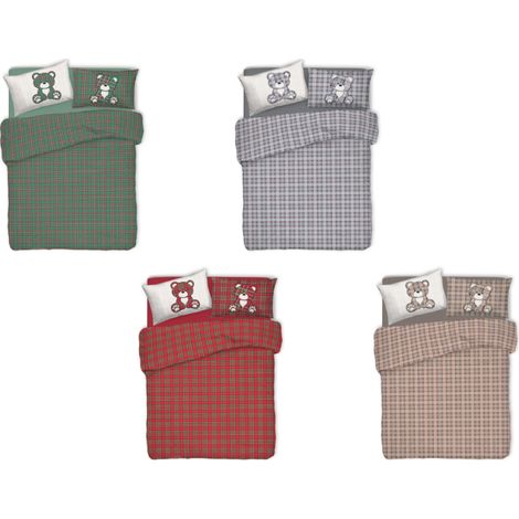 Copripiumino Sacco Piumone Pensieri Delicati 100% Cotone Orsetto Tartan, misuraMatrimonialecoloreGrigio (1/5)