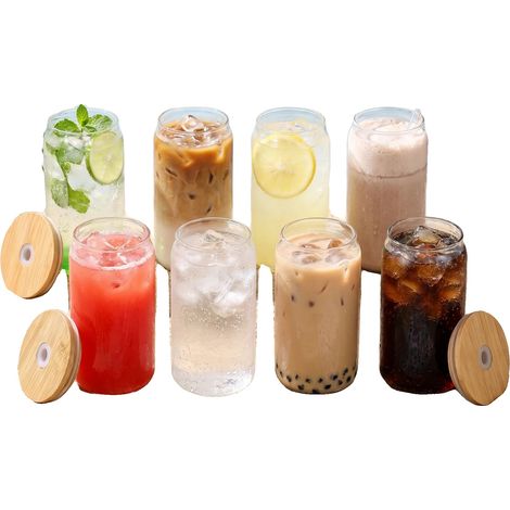 Glasbecher, Bambusdeckel, wiederverwendbare Strohhalme, 8Stück, 401-500ml-c (1/2)