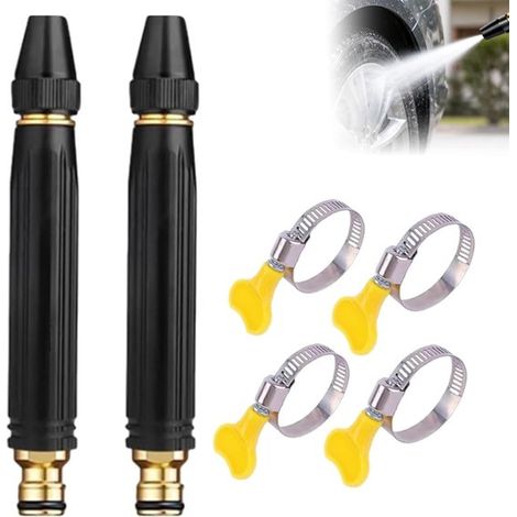 Pistolet haute pression pour tuyau d'arrosage, rotation à 360°, réglable, avec 4 colliers de serrage, lot de 2, pour lavage de voiture, terrasse et jardin, noir (1/5)