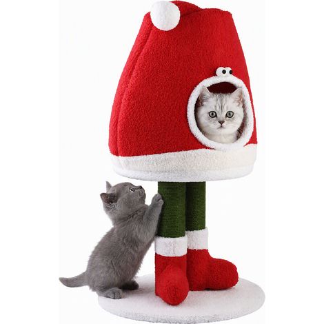 Arbre à Chat Noël Bonnet de Père Noël – Base Botte, 2 Poteaux Sisal Anti-Rayures, Niche ChapEAU, Rouge Blanc Vert (1/5)