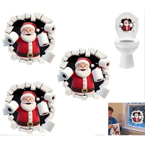 WEIHNACHTSSTICKER – Weihnachtsmann-Wandsticker, 3D-Effekt mit Anti-Wandbruch-Eigenschaft, für Toilettensitz und Kühlschrank, 3-teili