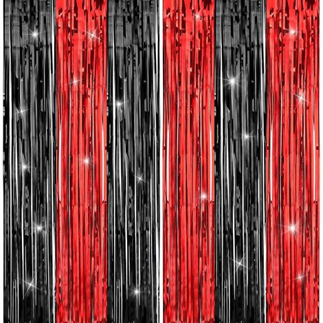 Lot de 2 grands rideaux à franges rouges et noirs en feuille d'aluminium pour décoration de bal, anniversaire, remise de diplôme, Noël, Halloween (200 x 100 cm)