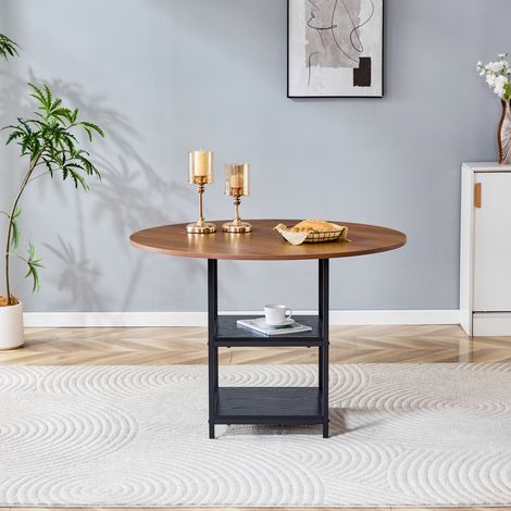 Runder Esstisch Ø 107 cm in Nussbaum-Optik mit doppelter Ablage und schwarzem Metallgestell (1/5)