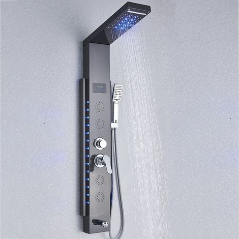 Panneau de douche LED, affichage numérique de la température, jets de pluie et de massage, monté au mur, expérience spa moderne, Noir 8003 (1/4)