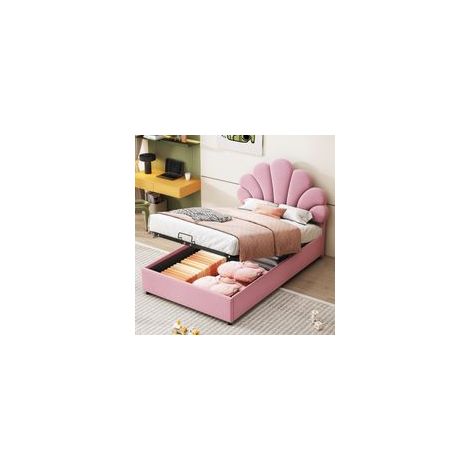 Lit coffre 90x200 cm, lit simple d'enfant avec tête de lit en forme de fleur et espace de rangemnt, en velours rose, sans matelas (1/5)