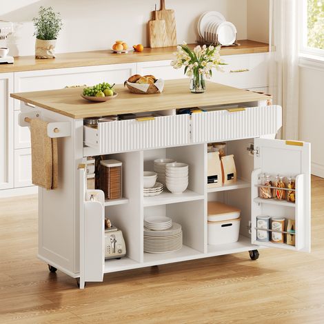 DESMIU Desserte de Cuisine à Roulettes avec Plateau Rabattable et Rangements, en MDF, Blanc et Naturel, 143 × 45 × 89,5 cm (1/5)