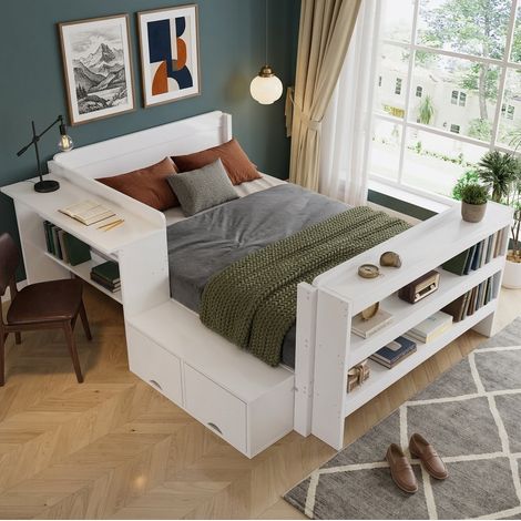 MODFU – Letto 120x200 cm in legno bianco con scrivania, vano contenitore sollevabile e modulo reversibile – Bianco (1/5)