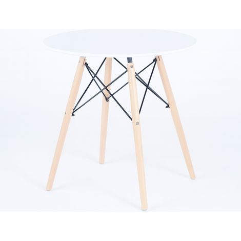 Table d'appoint table de salle à manger blanche avec pieds en bois naturel coloris Blanc - Diamètre 80 x Hauteur 75 cm (1/2)