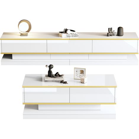 Set mobile TV e tavolino da salotto bianco lucido con finiture dorate, 3 cassetti e 2 cassetti (1/5)