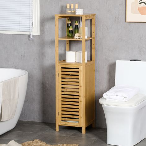Armario de baño 32.9x29.9x120 cm madera natural de bambú con estantes ajustables y puerta (1/5)