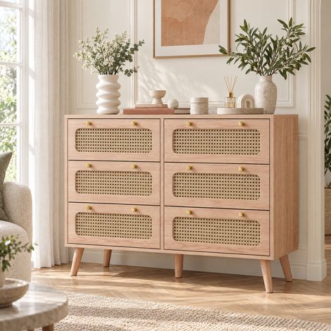 Comanlai - Commode Moderne avec 6 Tiroirs, Meuble de Rangement pour Chambre, Salon ou Couloir en Bois et Rotin, 100x34x73 cm - Naturel