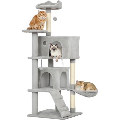 Arbre à chat de 140 cm avec 2 niches, hamac, couchage et poteaux en sisal, gris (1/5)