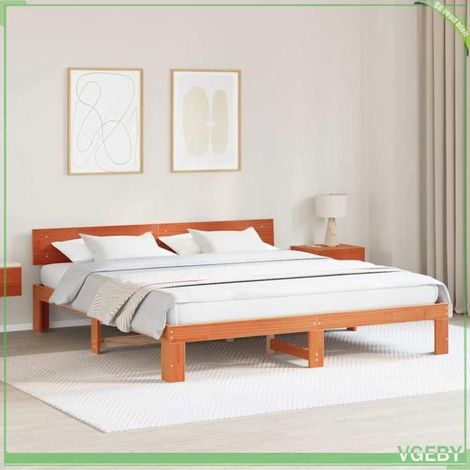 Cadre de lit - ABI - 200 x 200 cm - Pin massif - Brun cire - 2 places (1/5)