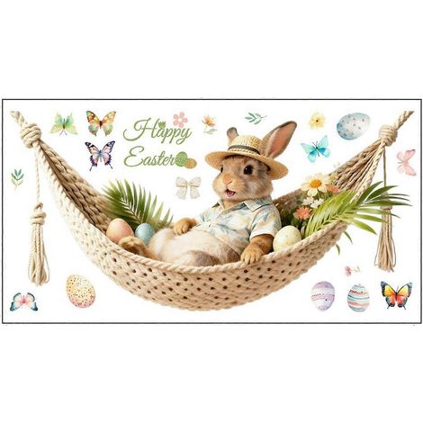 Autocollant de Paques pour fenêtre : Lapin rigolo sur un hamac, autocollant statique réutilisable en PVC pour la maison, le bureau, l'école, porte ou fenêtre. Décoration printanière. - UN (1/5)