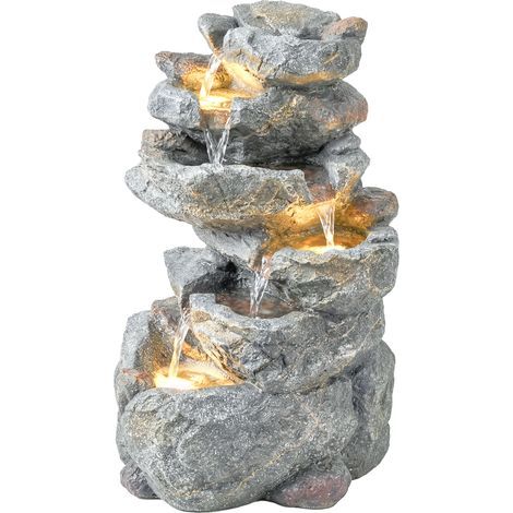 6-stufiger Zen-Kaskadenbrunnen für den Garten, Kunstharz und Naturstein, 33 x 27 x 53 cm, Grau