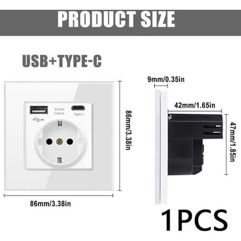 Prise murale blanche avec USB et Type C, multiprise murale 16A, 250V, protection surintensité, universelle