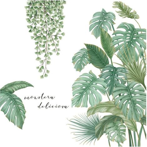 Green Plant Wall Sticker, Tropical Plant Wall Sticker, Suitable for Bedroom, Living Room, Dining Room, TV Background Wall, Hallway, Office, Shop, Etc (1/4)