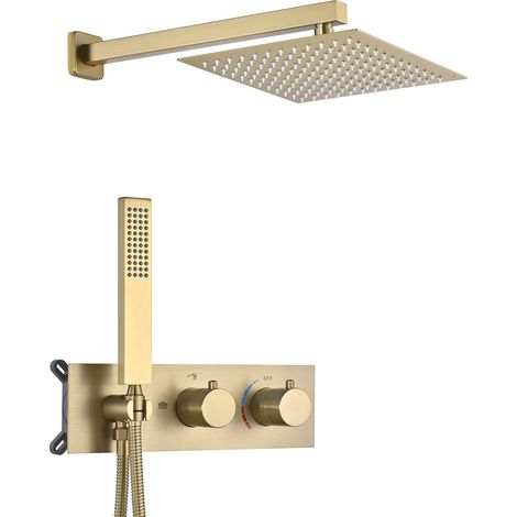 Colonne de Douche Encastrée, 2 Fonctions Or Brossé Moderne Ensemble de Douche, 10/12inch Carré Systèmes de Douche, Douchette à Main en Laiton, Mitigeur en Laiton, Durable (1/5)
