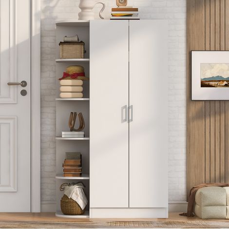 Armario de 2 puertas con estantes, cajones y barra, 90 x 55 x 170 cm, blanco OKMYHOME (1/5)