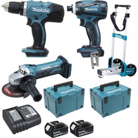 Makita – Pack d'outils électroportatifs 18V – Perceuse 62Nm DDF482, meuleuse 125mm DGA504, visseuse 165Nm DTD152 – 2 batteries 5Ah – Chariot inclus (1/5)