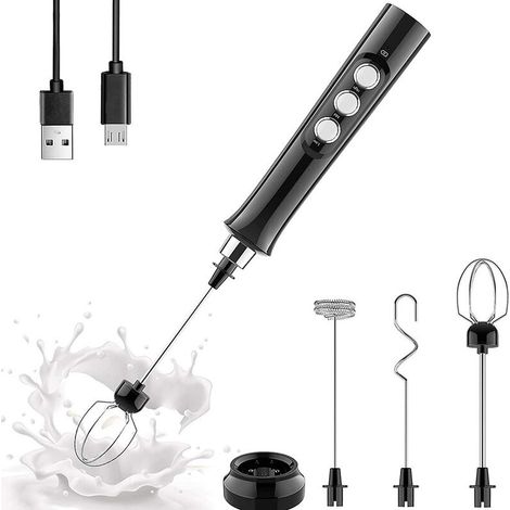 Mousseur à Lait Électrique Tenue à Main, 3 en 1 Fouet Rechargeable USB,3 Vitesses Réglable avec 3 Têtes d'agitateur en Acier Inoxydable Fouet Électrique pour Latte,Cappuccino,œufs Battus,Café (1/5)