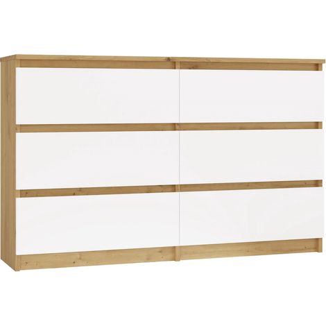 Topeshop – Commode enfant 6 tiroirs 120x75x30cm – Corps chêne artisan, façades blanches – Ergonomique sans poignée – Meuble moderne (1/5)