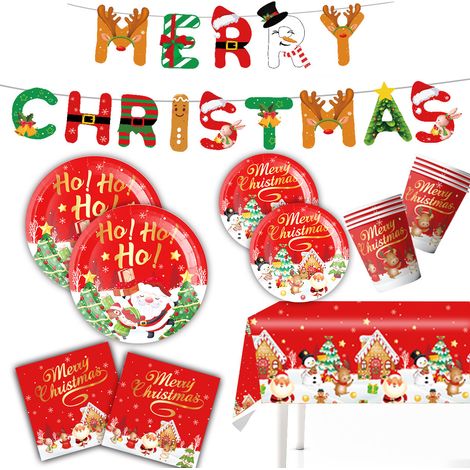 Kit Décoration de Table de Noël 52 Pièces, Vaisselle de Fête pour 10 Invités, Assiettes en Papier, Gobelets, Serviettes et Guirlande de Drapeaux (1/5)