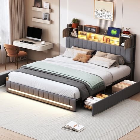 Letto contenitore 140x190 cm con cassetti e LED RGB - Letto matrimoniale con grande spazio contenitore e stazione di ricarica USB/Type-C - Tessuto in lino grigio scuro - Stile moderno - Grigio scuro