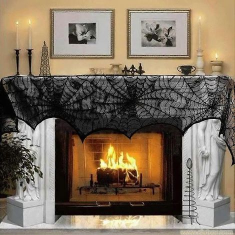Décoration d'Halloween : Couvre-cheminée en dentelle noire à motif toile d'araignée, 45 x 243 cm (18 x 96 pouces), accessoire festif pour les fêtes. (1/5)