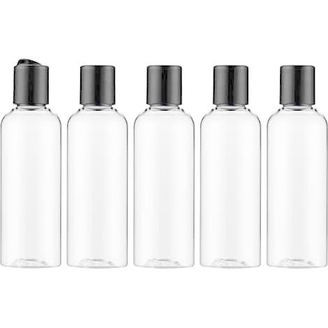 Leere 100-ml-Reiseflasche, wiederbefüllbar und auslaufsicher, mit Etikett, für Shampoo, Lotion und Kosmetika (5er-Packung, transparent) (1/5)