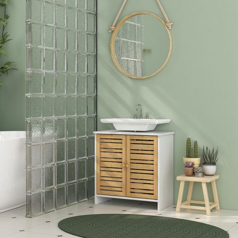 Badezimmer-Waschtisch mit 2 Türen, verstellbarem Einlegeboden und Unterschrank für das Waschbecken, 60 x 30 x 60 cm, weißer Bambus