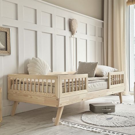 Cama 90x200 con barandillas y somier incluidas patas 20 cm Maylis Bois