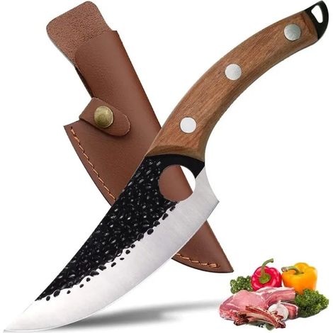 1 cuchillo de cocina, hoja curva, textura martillada, mango de madera de peral, para cortar y deshuesar. (1/5)