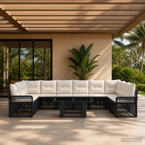 vidaXL Set Divano da Giardino 11 pz Nero e Bianco Crema polyrattan (1/5)