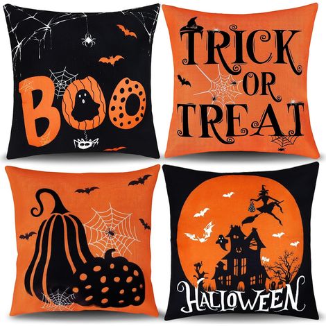 Fundas de cojín con decoración vintage de Halloween de 45x45 cm (juego de 4). Funda de cojín retro con calabazas, ideal para el sofá. (1/5)