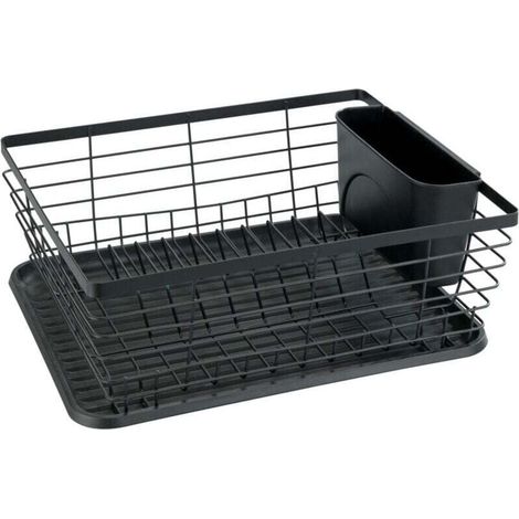 Moderner Abtropfkorb mit herausnehmbarer Abtropfschale, Besteckkorb, leicht zu reinigen, pulverbeschichtetes Metall und Kunststoff, 36 x 15 x 30,3 cm, Schwarz