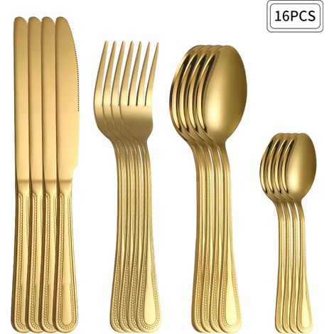 (16 pièces or) Ensemble de couverts en acier inoxydable doré, comprenant un couteau, une fourchette, une cuillère et un couteau et une fourchette à steak. (1/5)