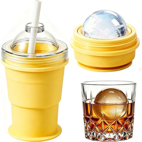 Ortviai Gobelet à Glaçons 2-en-1 en Silicone - Moule à Boule de Glace (6cm) et Verre à Boire Portable avec Paille - Idéal pour Cocktails, Whisky, Bière et Vin - Écologique et Sans BPA - Jaune Fromage