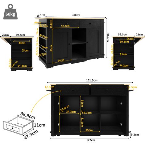 Îlot de cuisine noir imitation bois, desserte équipée d'une multiprise, plan de travail et armoire de rangement, fonctionne comme buffet et meuble de cuisine multifonction. (1/5)