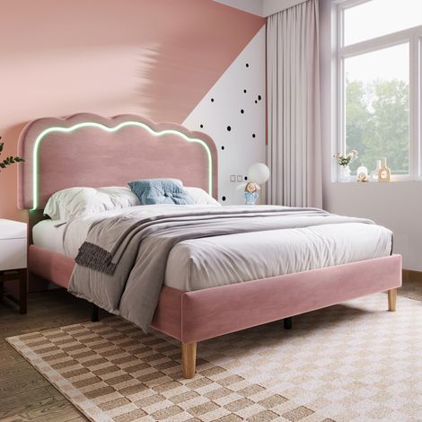 Cama doble 140x200 cm con LED cabecero ajustable terciopelo rosa (Sin Colchón) (1/5)