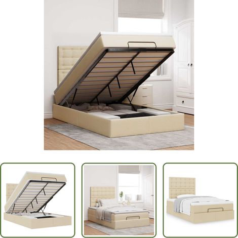 Rangement sous le lit - Cadre de lit ottoman avec matelas crème 120x190 cm tissu (1/5)