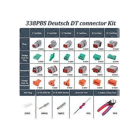 338-teiliges DT Deutsch Steckverbinderset – 2-, 3-, 4-, 6-, 8- und 12-polige Steckverbinder, Crimpzange, Ausbauwerkzeug, Kfz-Elektrik