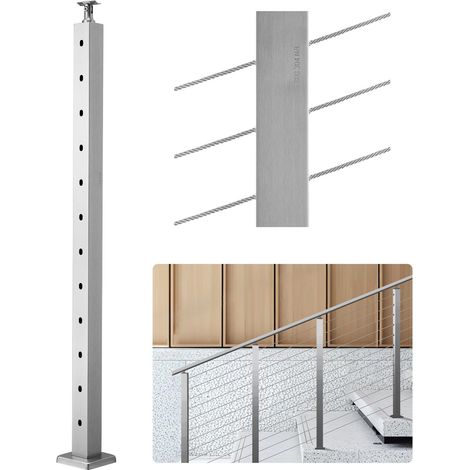 Poteau Garde Corps, 106,7 x 5 x 5 cm, Poteau Rampe d'Escalier à Câble, avec Trous Pré-percés 30°, Support Horizontal et Incurvé, pour Main Courante, Balustrade, Argent, 1JZLGZXYS1062TLWC001V0 (1/5)