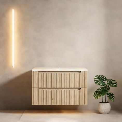 Meuble vasque salle de bain 80 cm en pierre frittée light Oak (1/5)